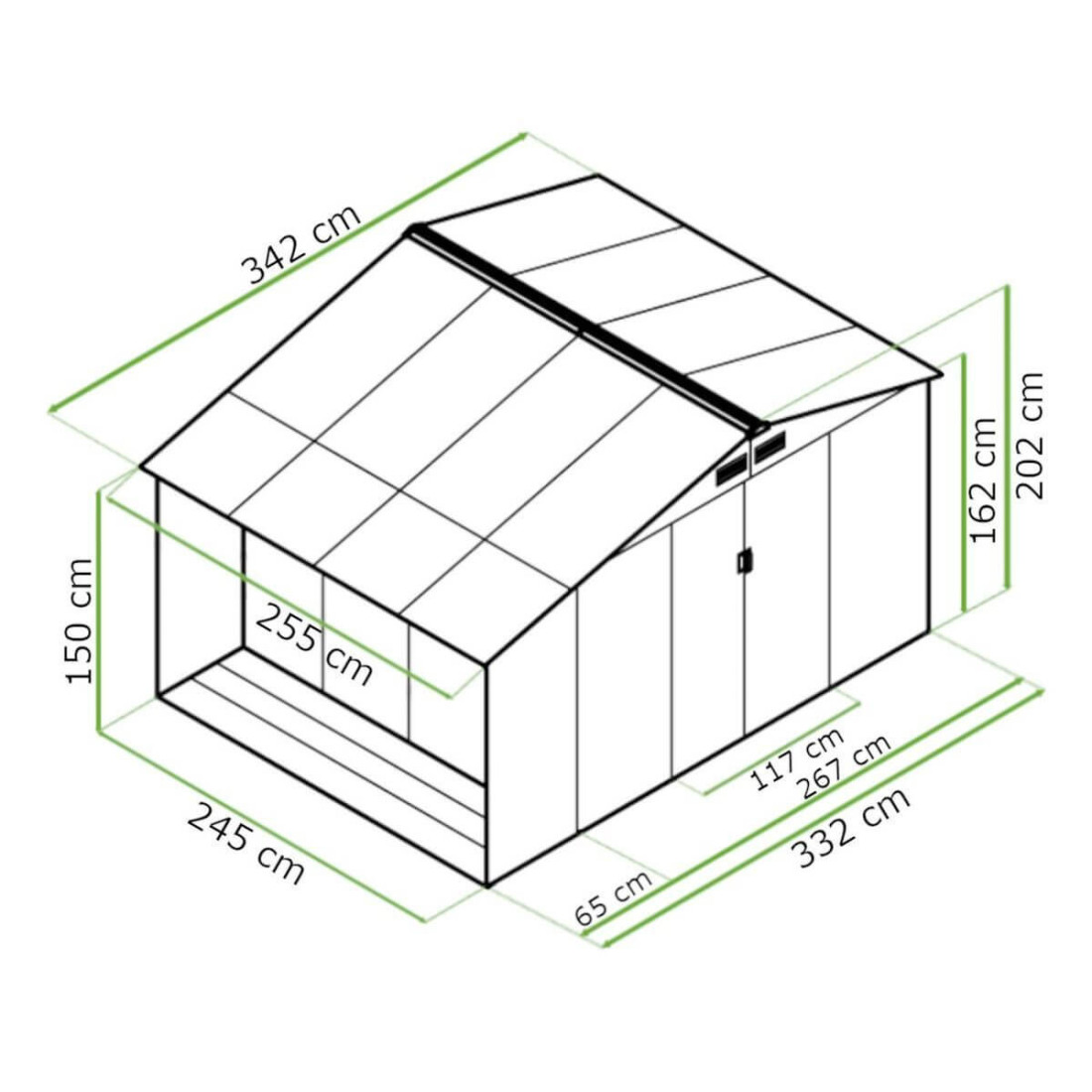 Rycina z wymiarami domku narzędziowego MADISON 342x255cm