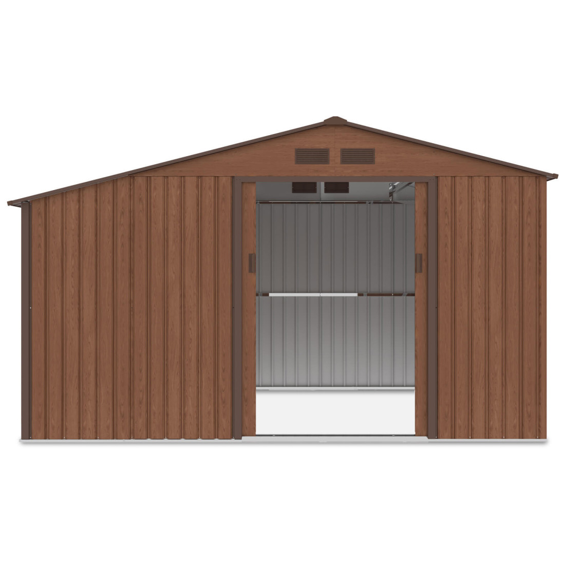 Widok na przód i wnętrze domku narzędziowego MADISON 342x255cm