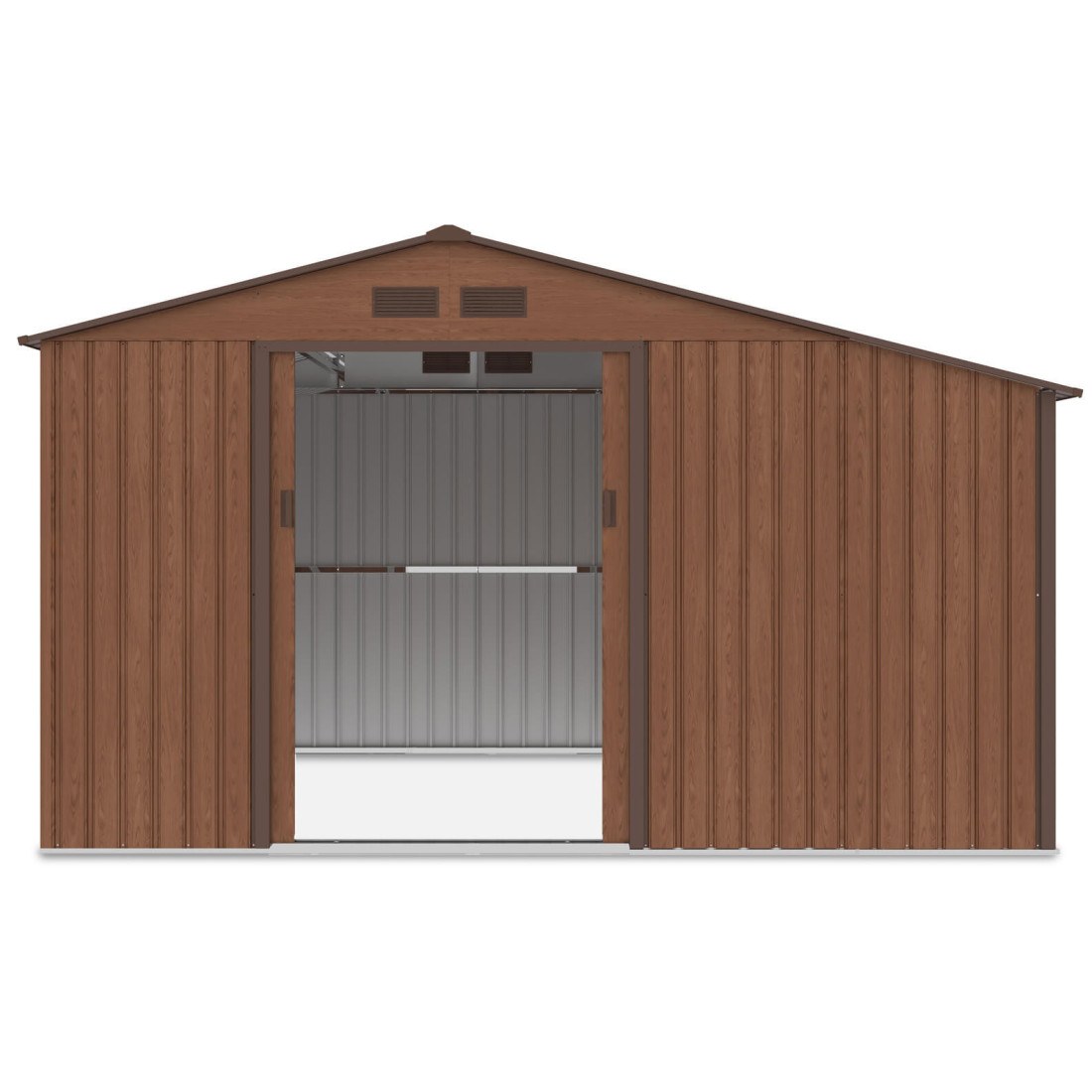 Widok na przód i wnętrze domku narzędziowego MADISON Walnut - Hardmaister