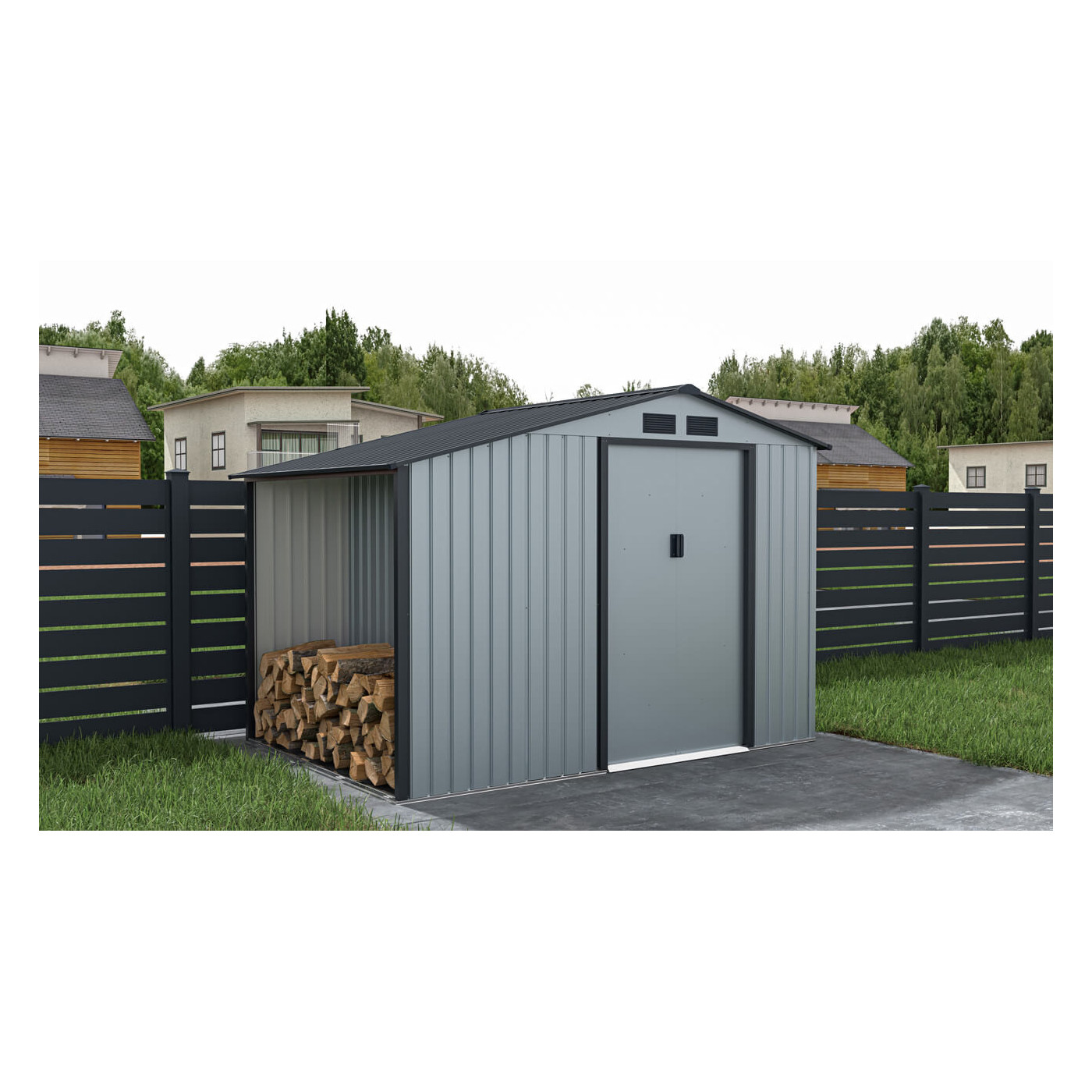 domek narzędziowy z drewutnią w ogrodzie, aranżacja MADISON 278x191cm Light Grey - Hardmaister