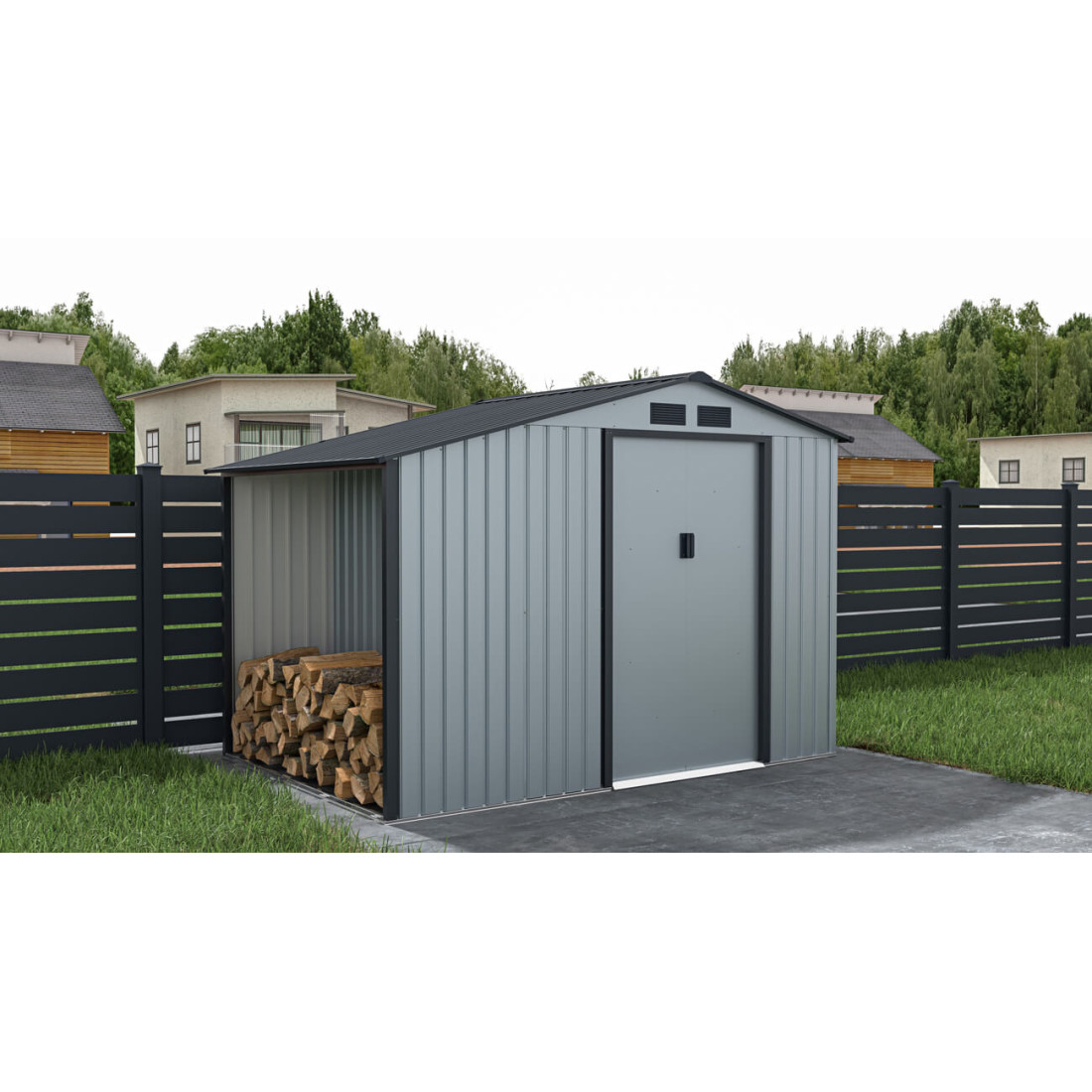 domek narzędziowy z drewutnią w ogrodzie, aranżacja MADISON 278x191cm Light Grey - Hardmaister