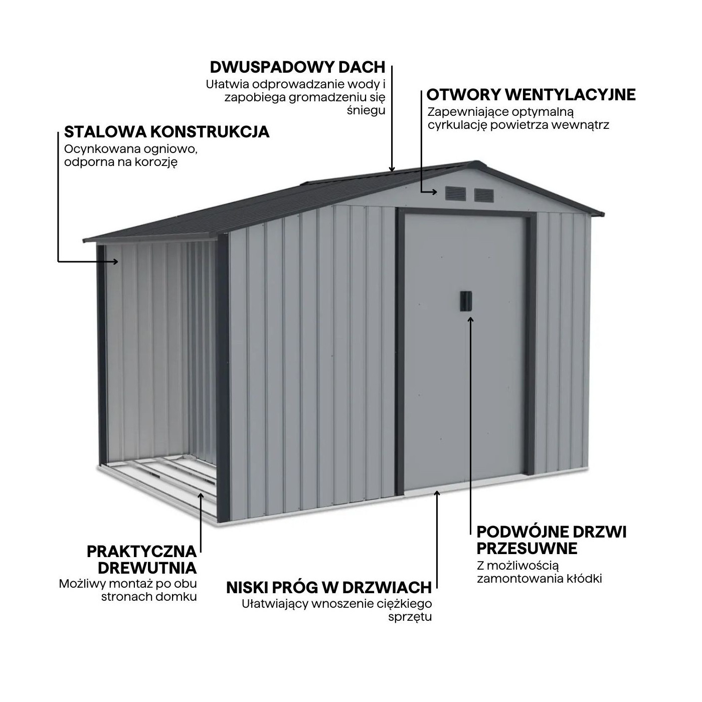 Funkcjonalności domku ogrodowego z drewutnią MADISON 278x191cm Light Grey - Hardmaister