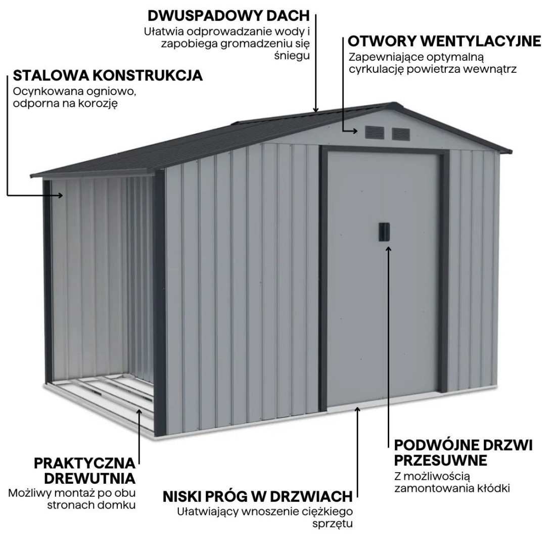 Funkcjonalności domku ogrodowego z drewutnią MADISON 278x191cm Light Grey - Hardmaister