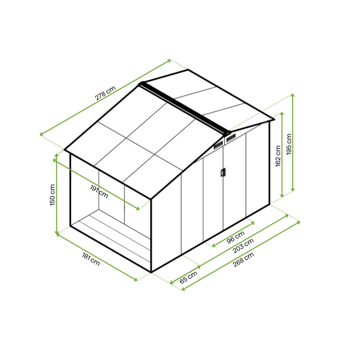 Rycina z wymiarami domku ogrodowego MADISON 278x191cm