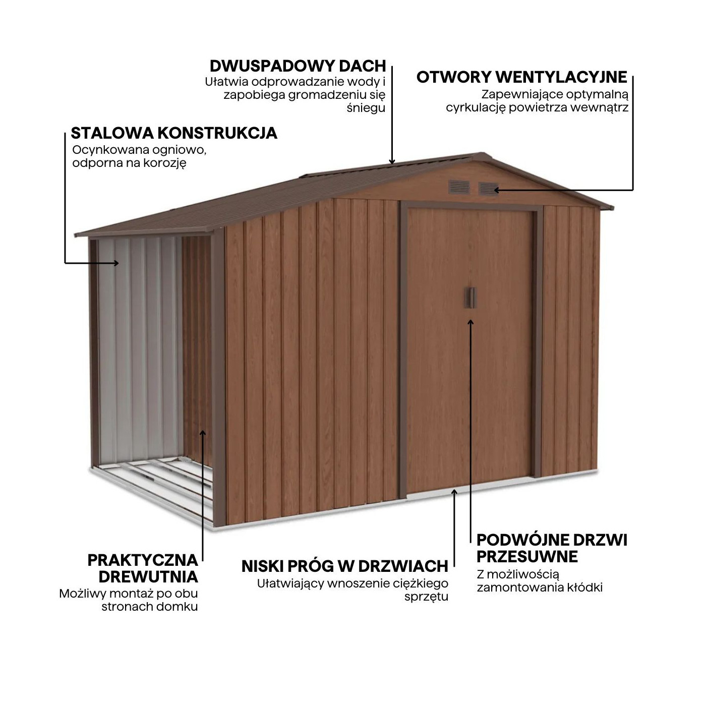 Funkcjonalności domku narzędziowego MADISON 278x191cm Walnut - Hardmaister