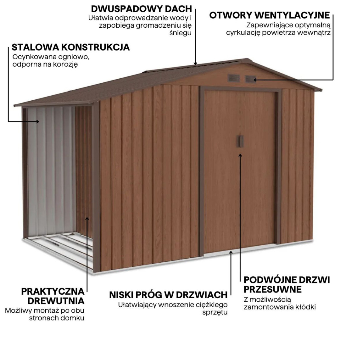 Funkcjonalności domku narzędziowego MADISON 278x191cm Walnut - Hardmaister
