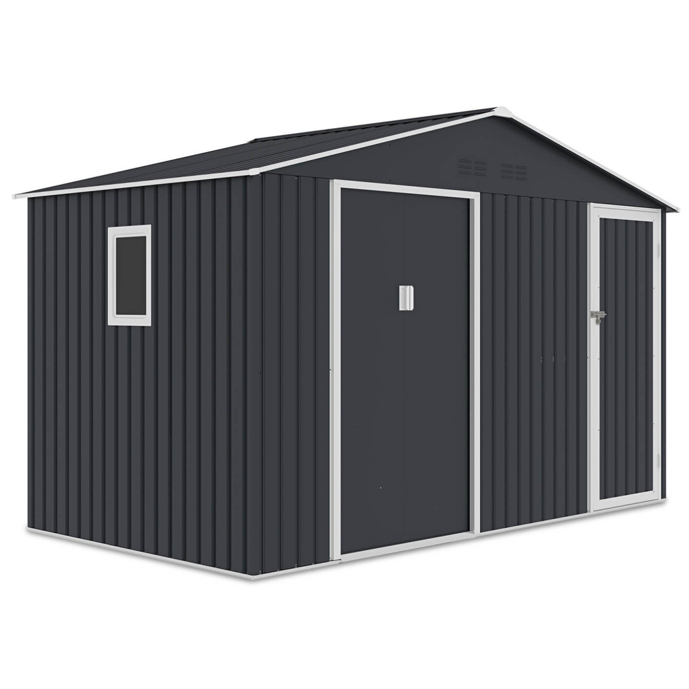 Przód domku ogrodowego FALCON w zimno-szarym kolorze z oknem i otworami wentylacyjnymi