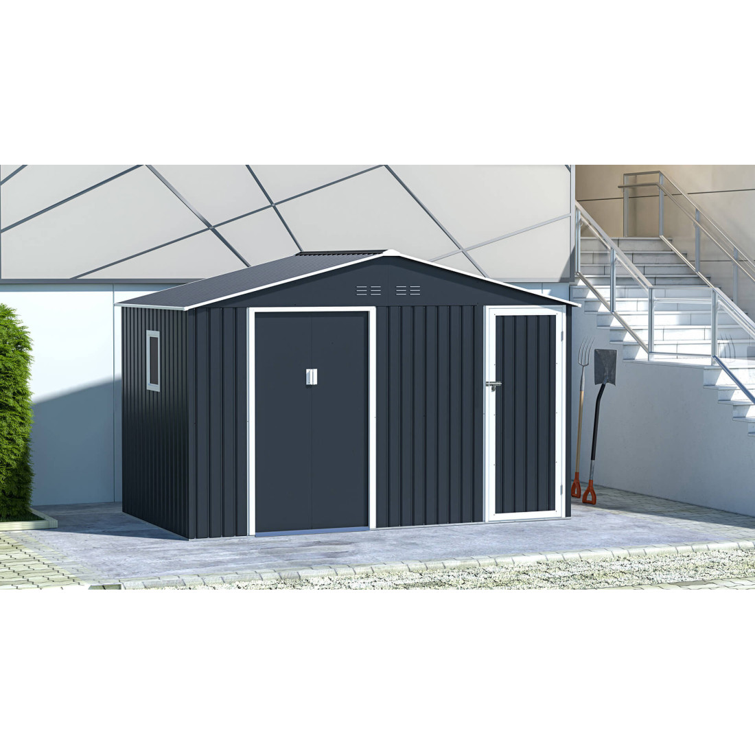 Aranżacja domku gospodarczego FALCON Cold Grey o wymiarach 340x194cm w ogrodzie