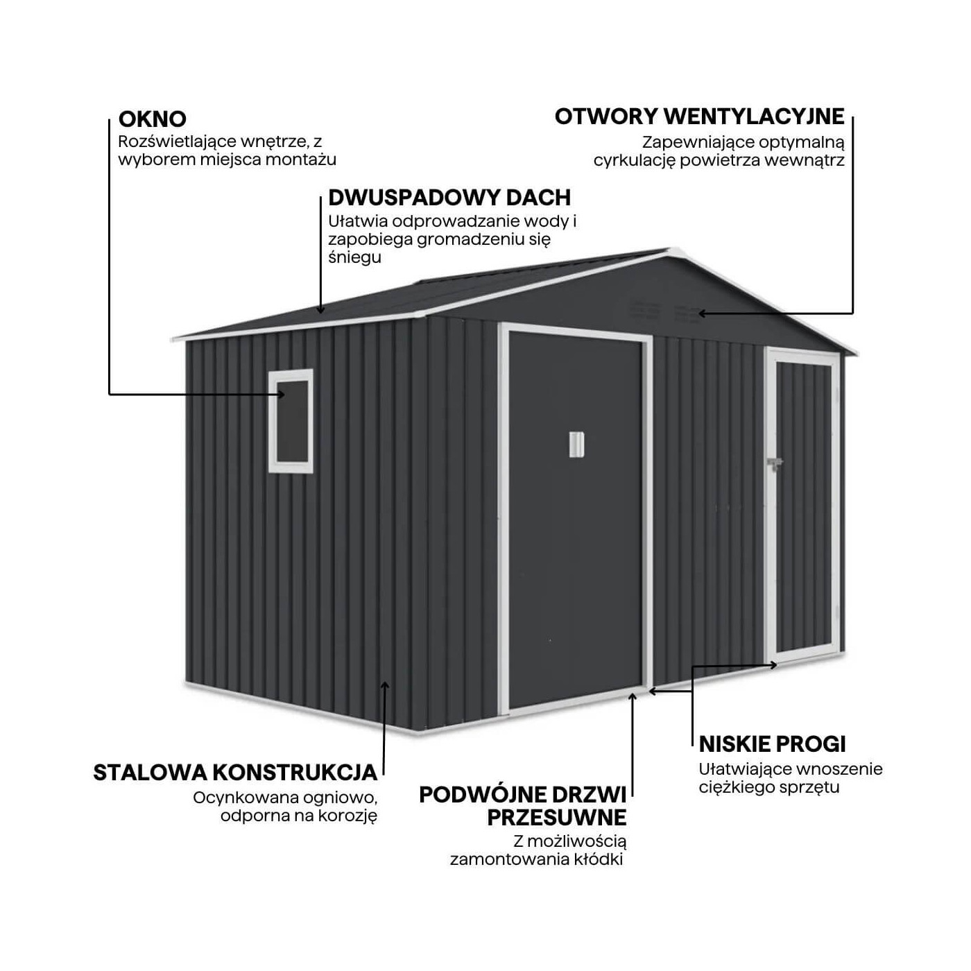 Fynkcjonalności domku gospodarczego FALCON Cold Grey o wymiarach 340x194cm