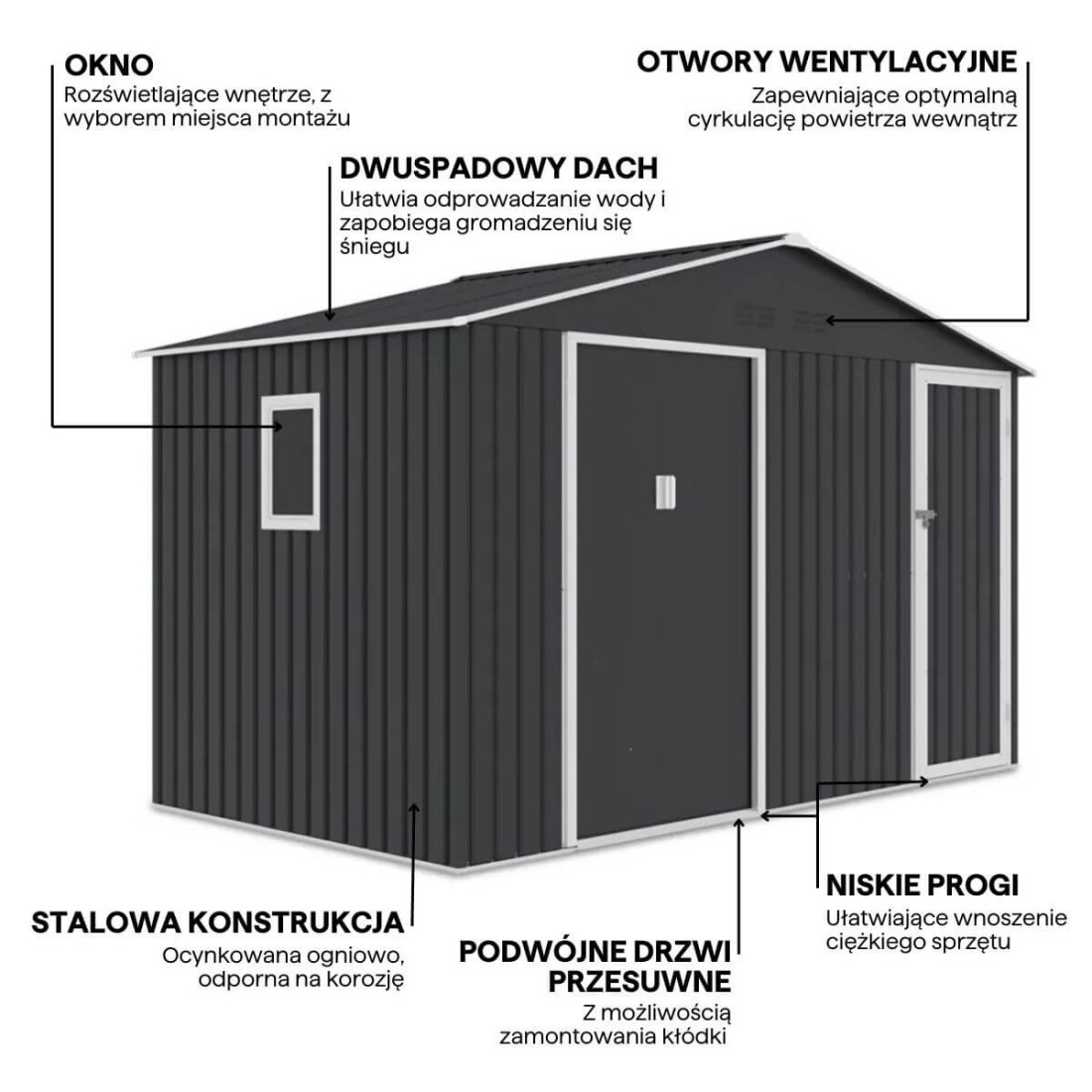 Fynkcjonalności domku gospodarczego FALCON Cold Grey o wymiarach 340x194cm