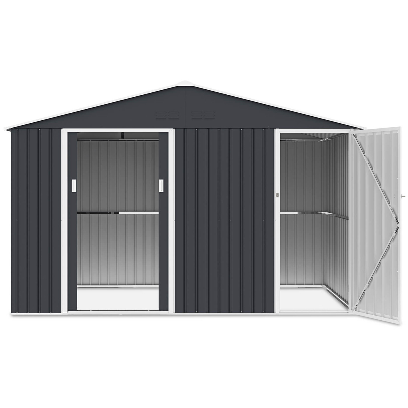 Domek narzędziowy FALCON 340x194cm Cold Grey z otwartymi drzwiami, widok na wnętrze