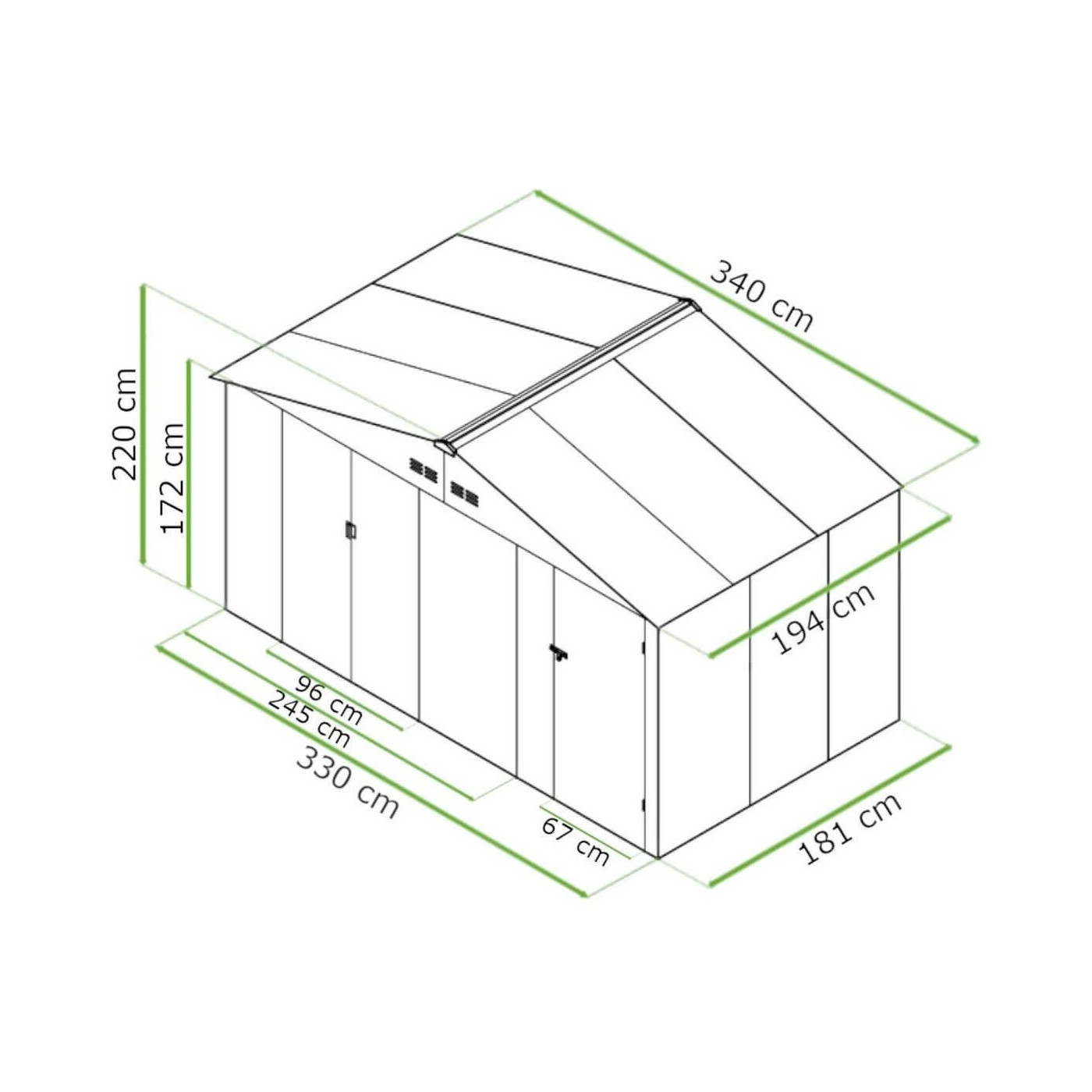 Rycina z wymiarami domku narzędziowego Falcon 340x194 cm 