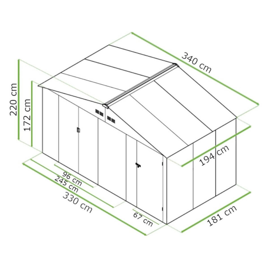 Rycina z wymiarami domku narzędziowego Falcon 340x194 cm 