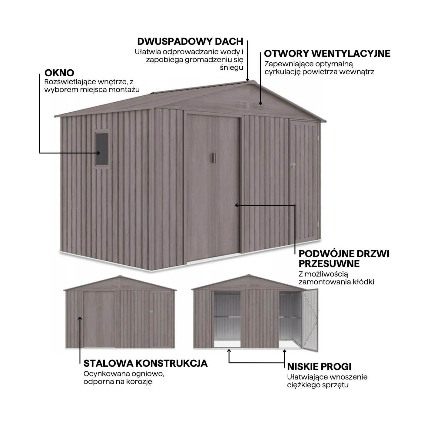Funkcjonalności domku narzędziowego FALCON 340x194cm Light Wood