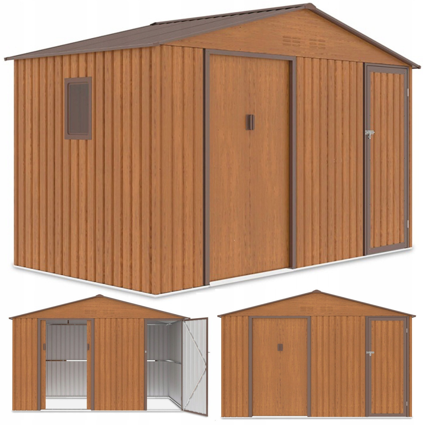 Rycina z trzema rzutami domku narzędziowego FALCON 340x194cm Oak Brown