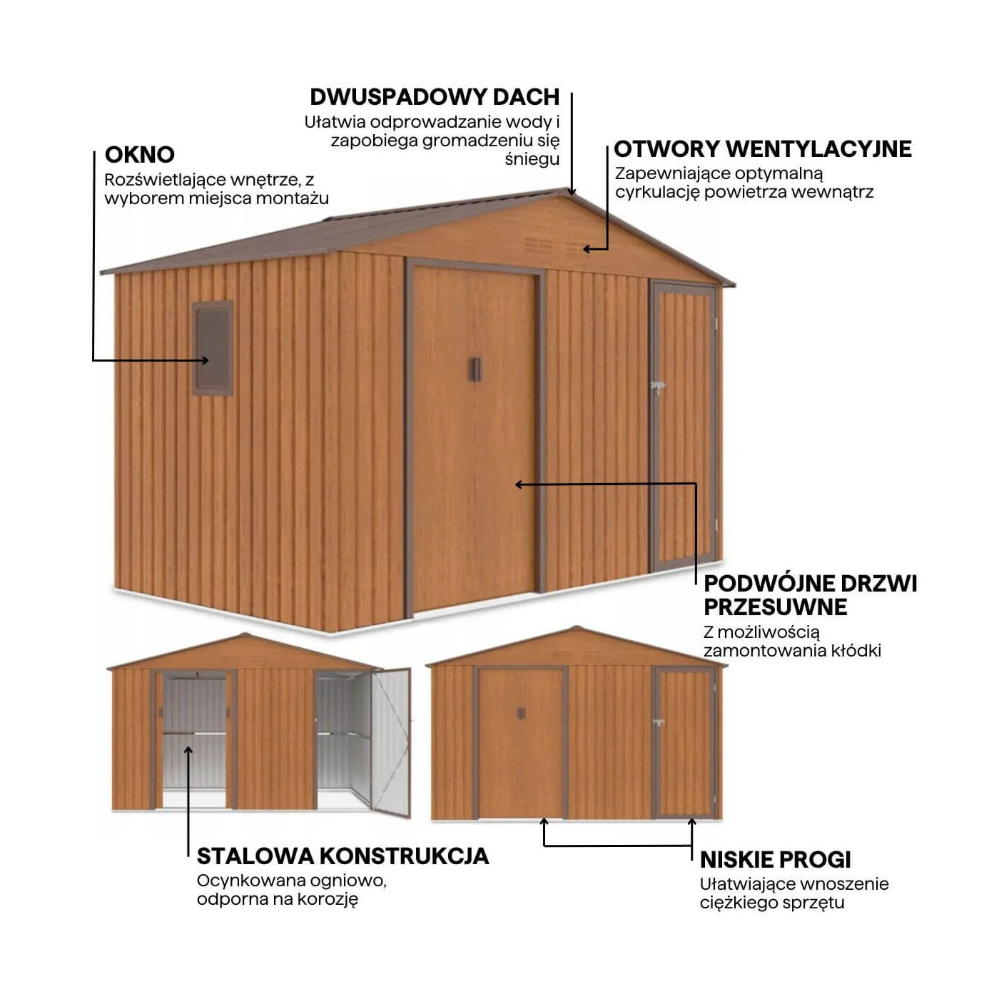 Funkcjonalności domku narzędziowego FALCON 340x194cm Oak Brown