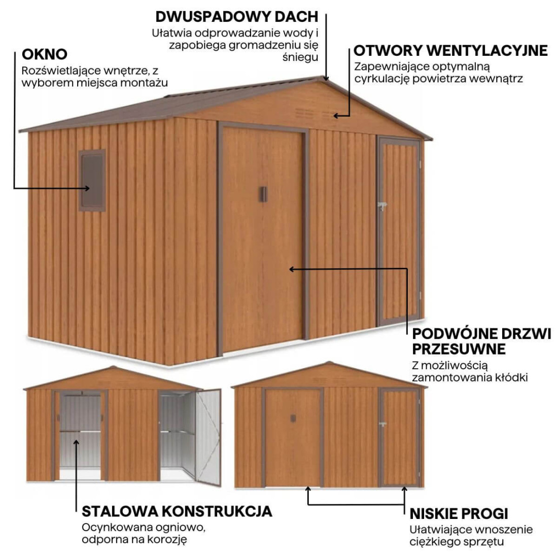 Funkcjonalności domku narzędziowego FALCON 340x194cm Oak Brown