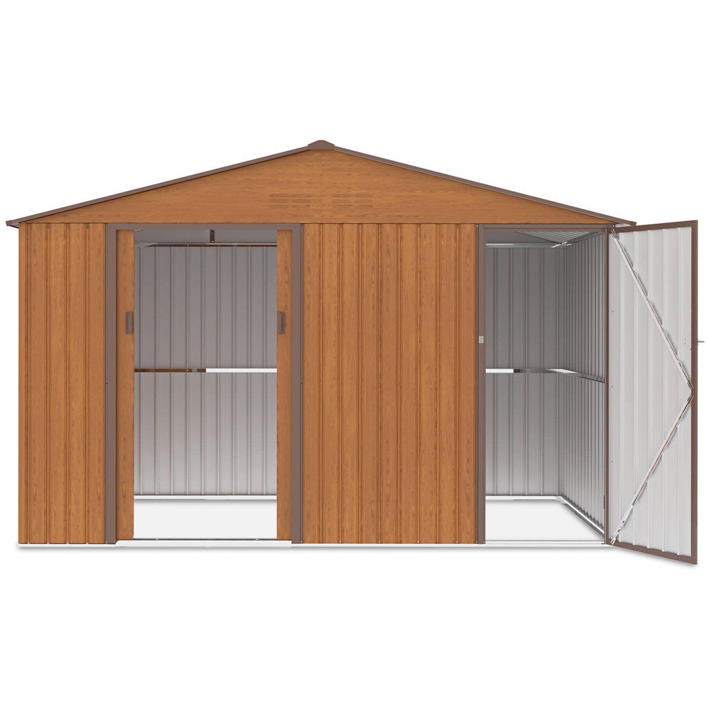 Zdjęcie przodu domku narzędziowego Falcon, otwarte drzwi, widok na wnętrze