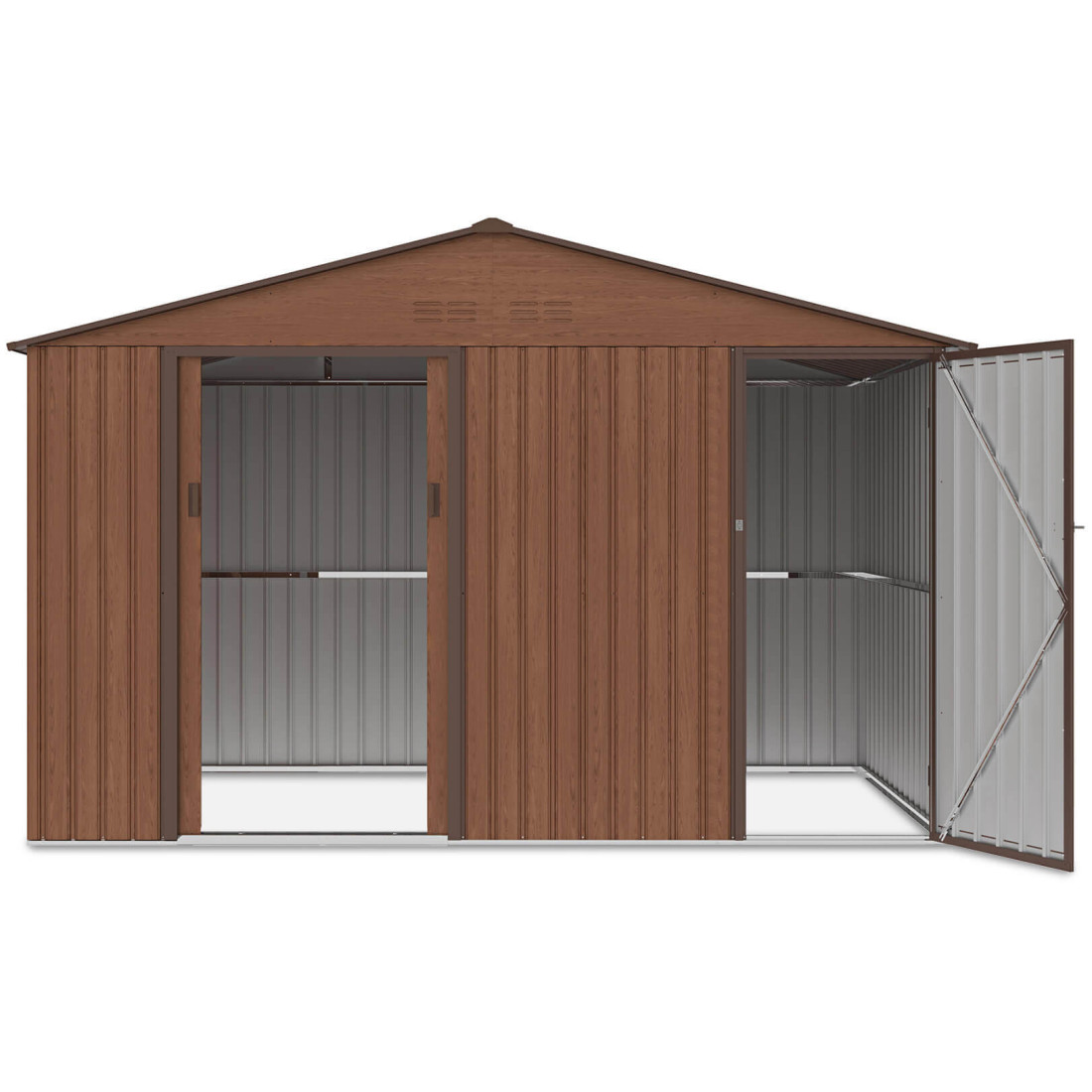 Przód domku ogrodowego FALCON w orzechowym kolorze z oknem i otworami wentylacyjnymi