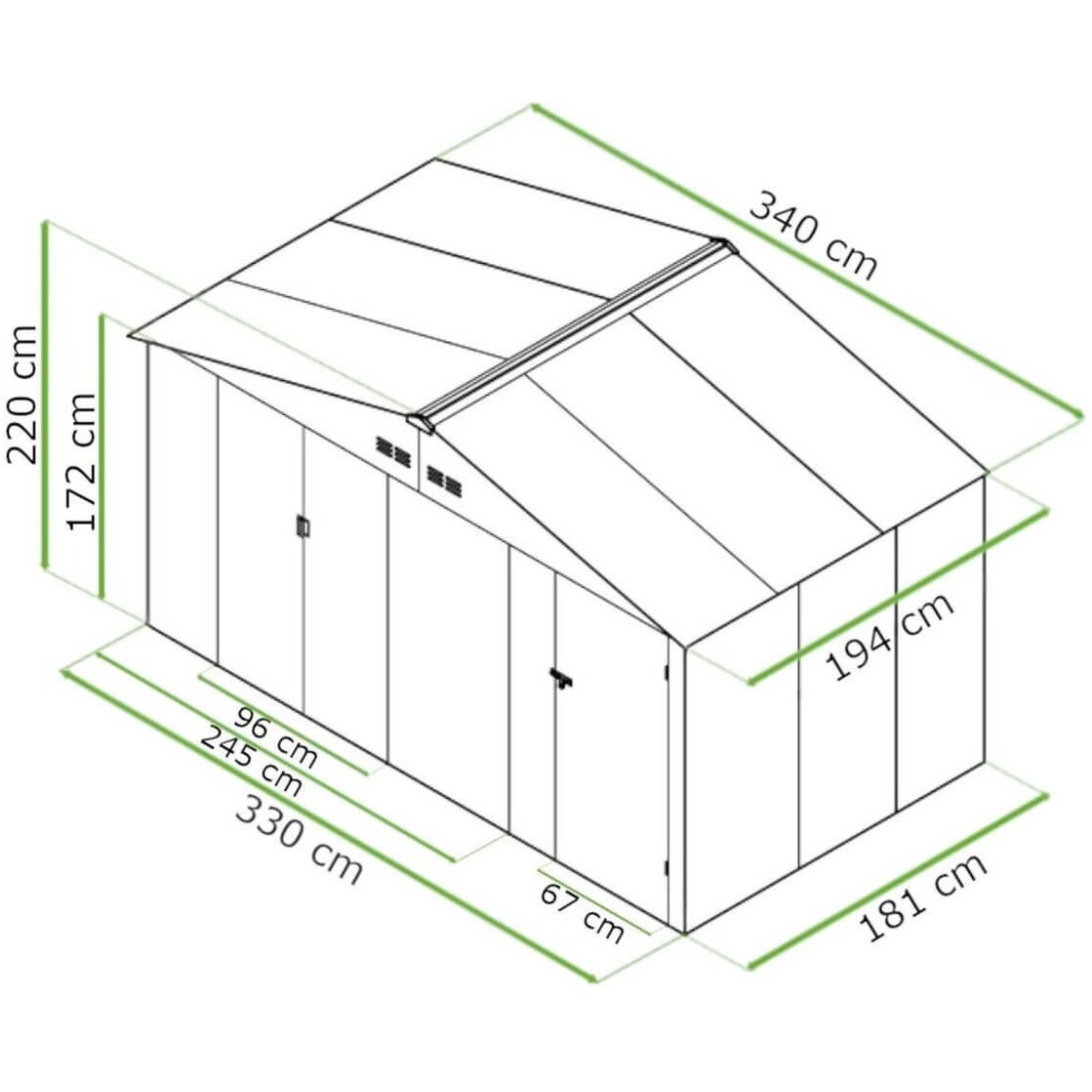 Aranżacja domku gospodarczego FALCON Warm Grey o wymiarach 340x194cm w ogrodzie