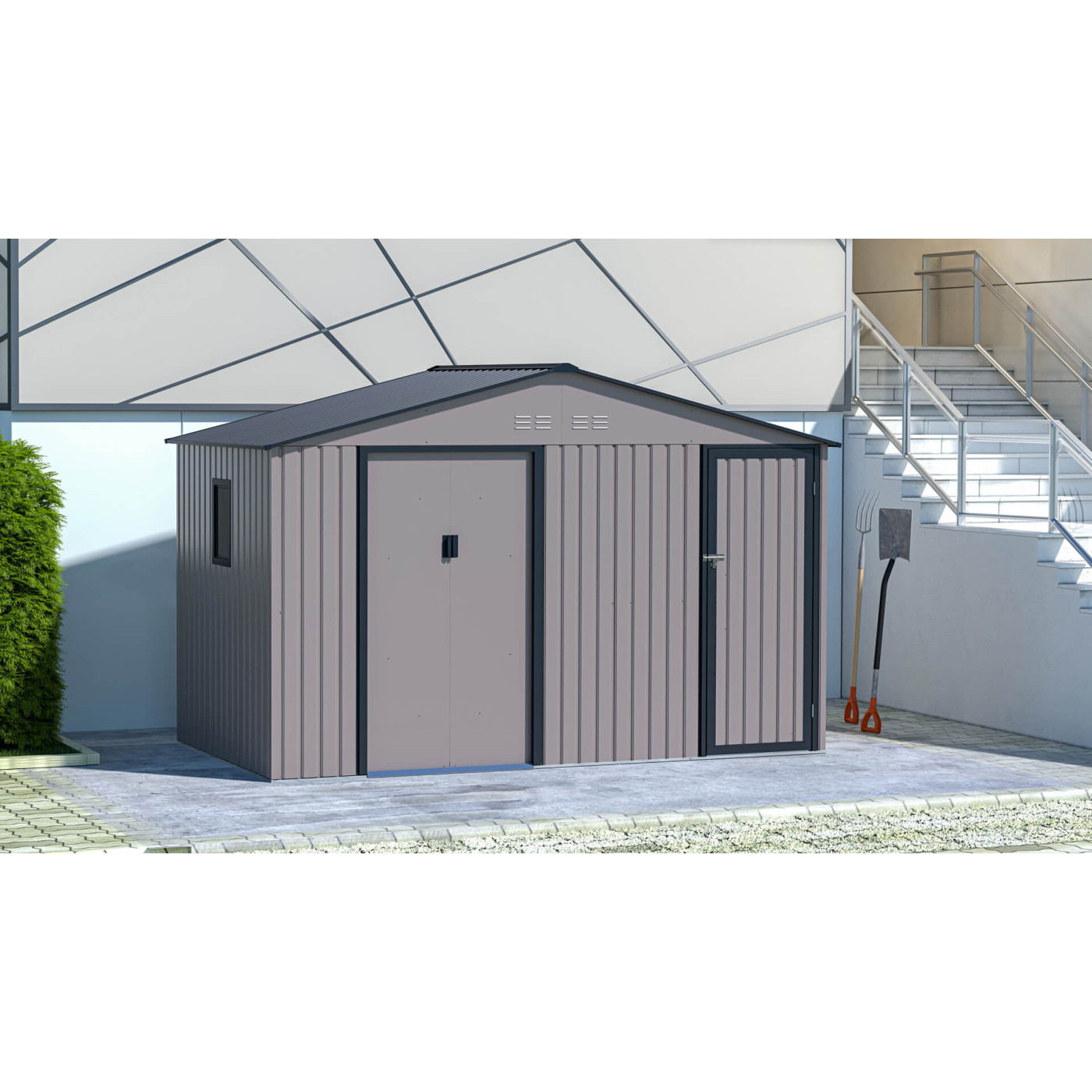 Aranżacja domku gospodarczego FALCON Warm Grey o wymiarach 340x194cm w ogrodzie