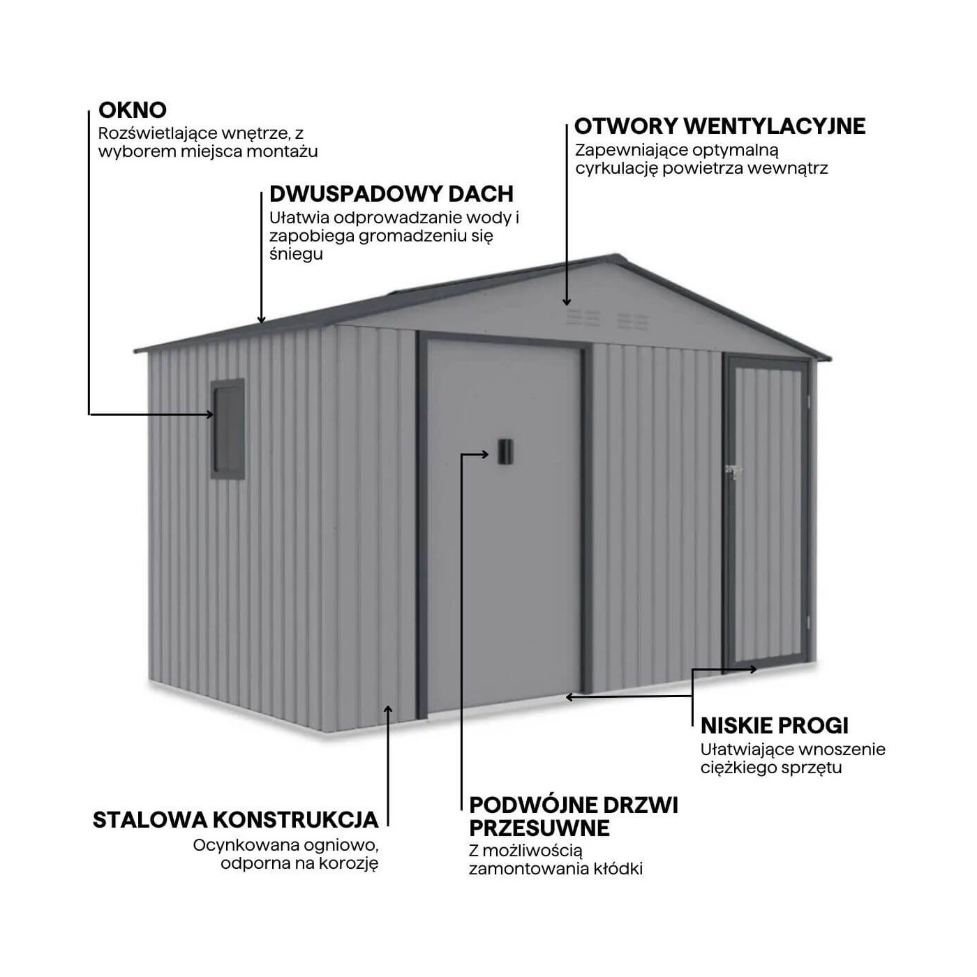 Funkcjonalności domku narzędziowego Falcon 340x194cm Warm Grey Hardmaister