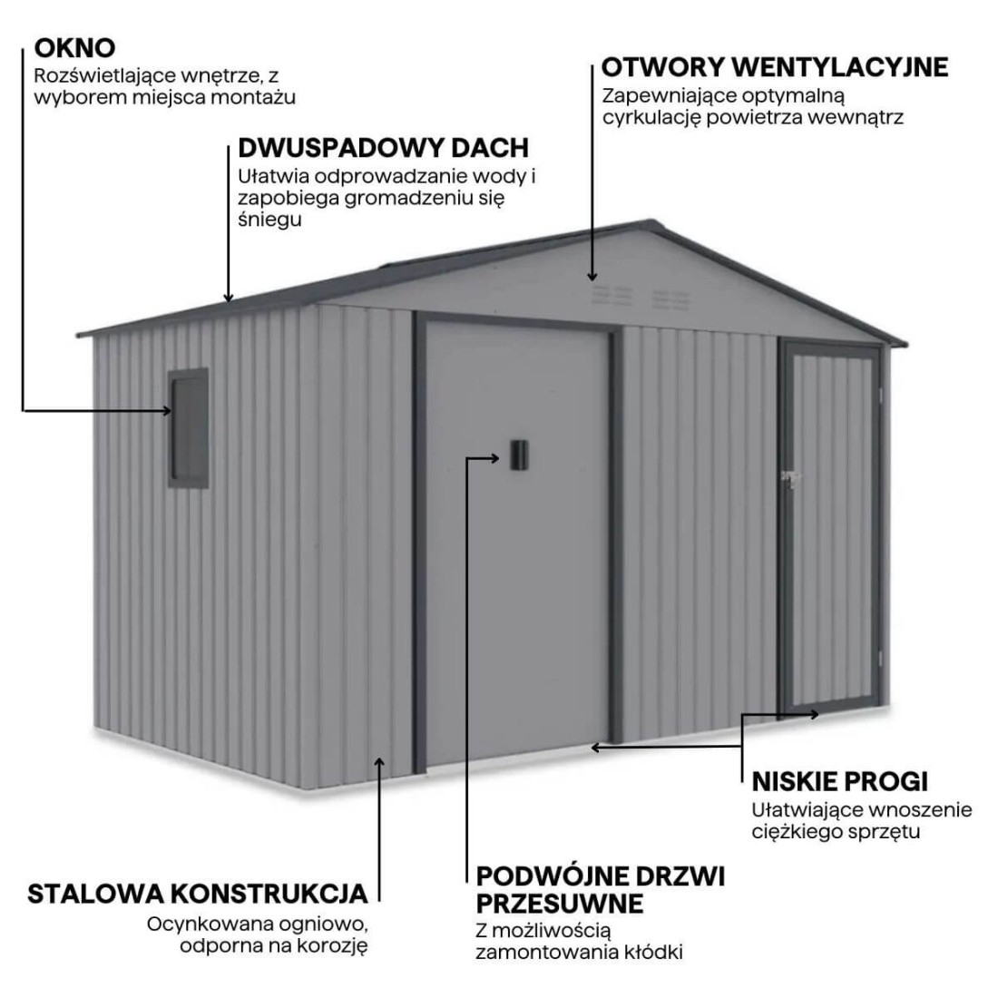 Funkcjonalności domku narzędziowego Falcon 340x194cm Warm Grey Hardmaister