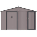 Przód domku ogrodowego FALCON w ciepło-szarym kolorze z oknem i otworami wentylacyjnymi