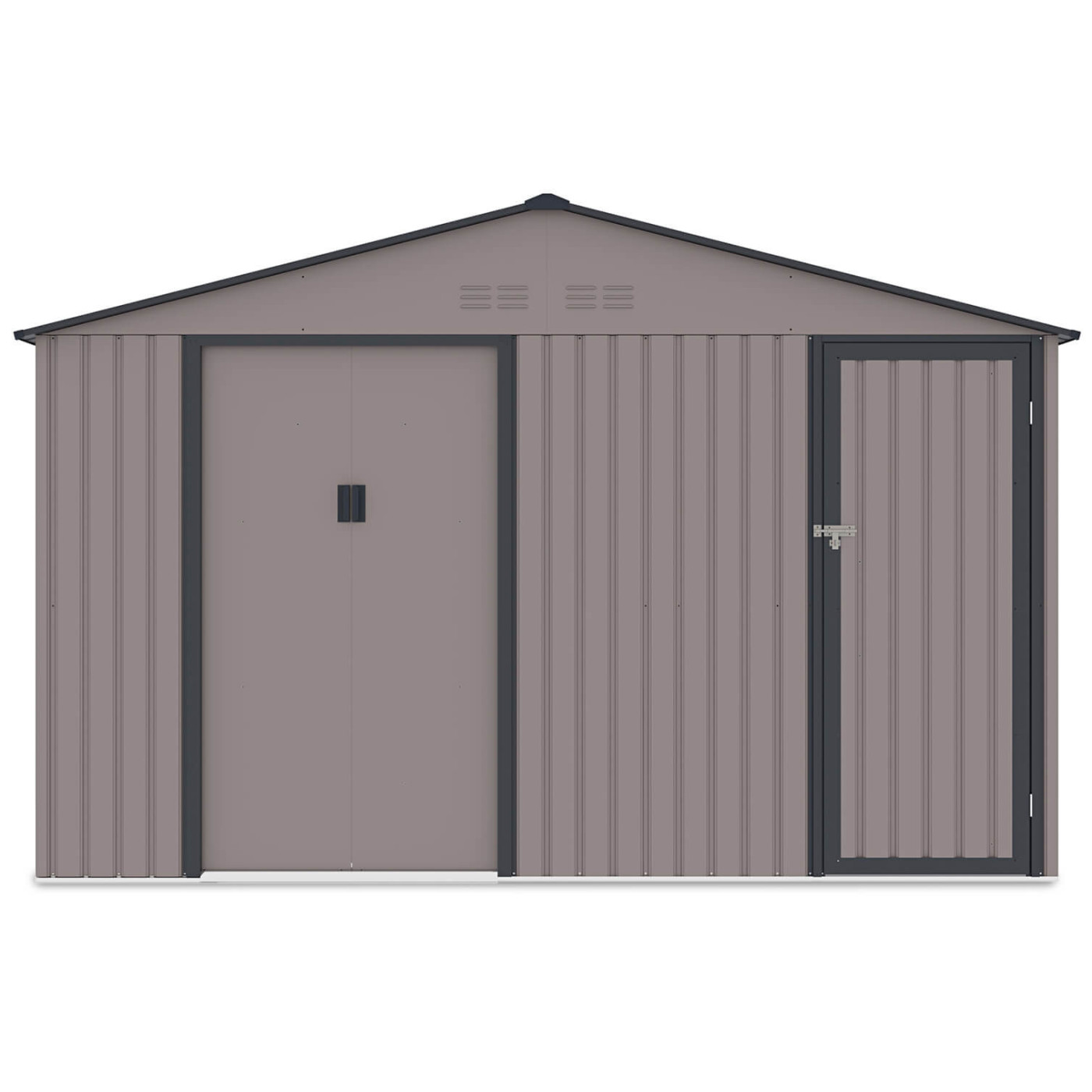 Przód domku ogrodowego FALCON w ciepło-szarym kolorze z oknem i otworami wentylacyjnymi