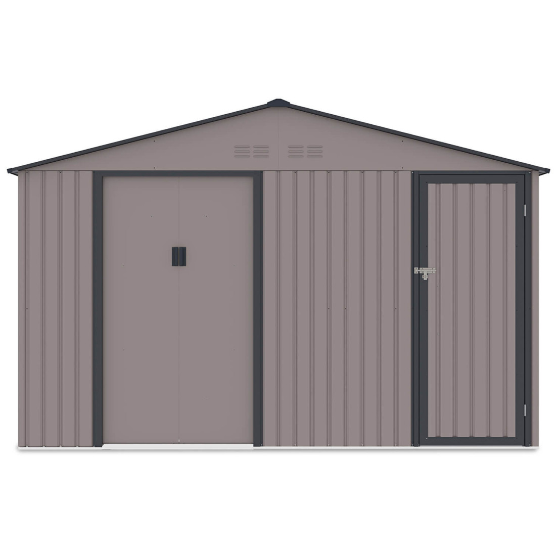 Przód domku ogrodowego FALCON w ciepło-szarym kolorze z oknem i otworami wentylacyjnymi