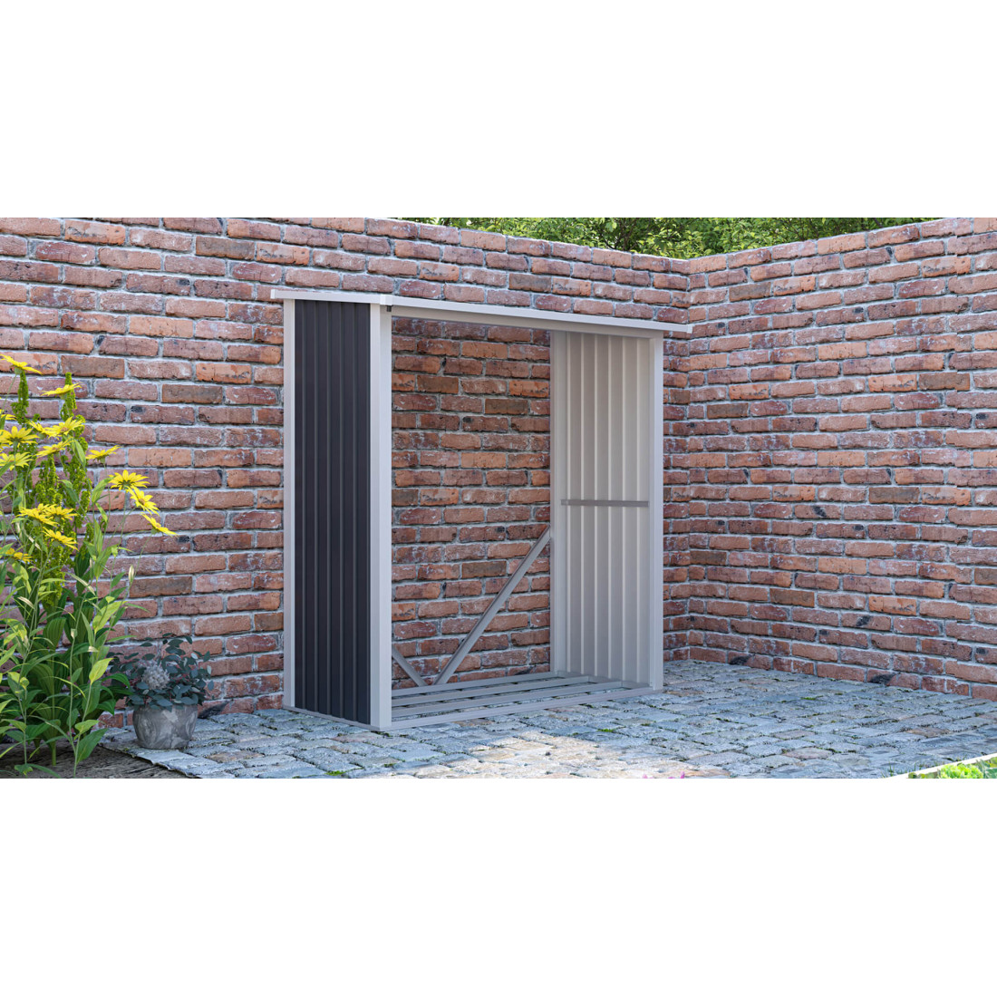 Wiosenna aranżacja szarej drewutni DENVER w ogrodzie