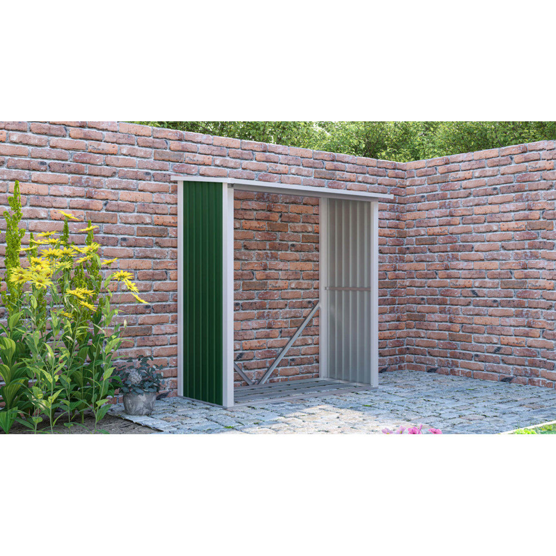 Wiosenna aranżacja zielonej drewutni DENVER w ogrodzie