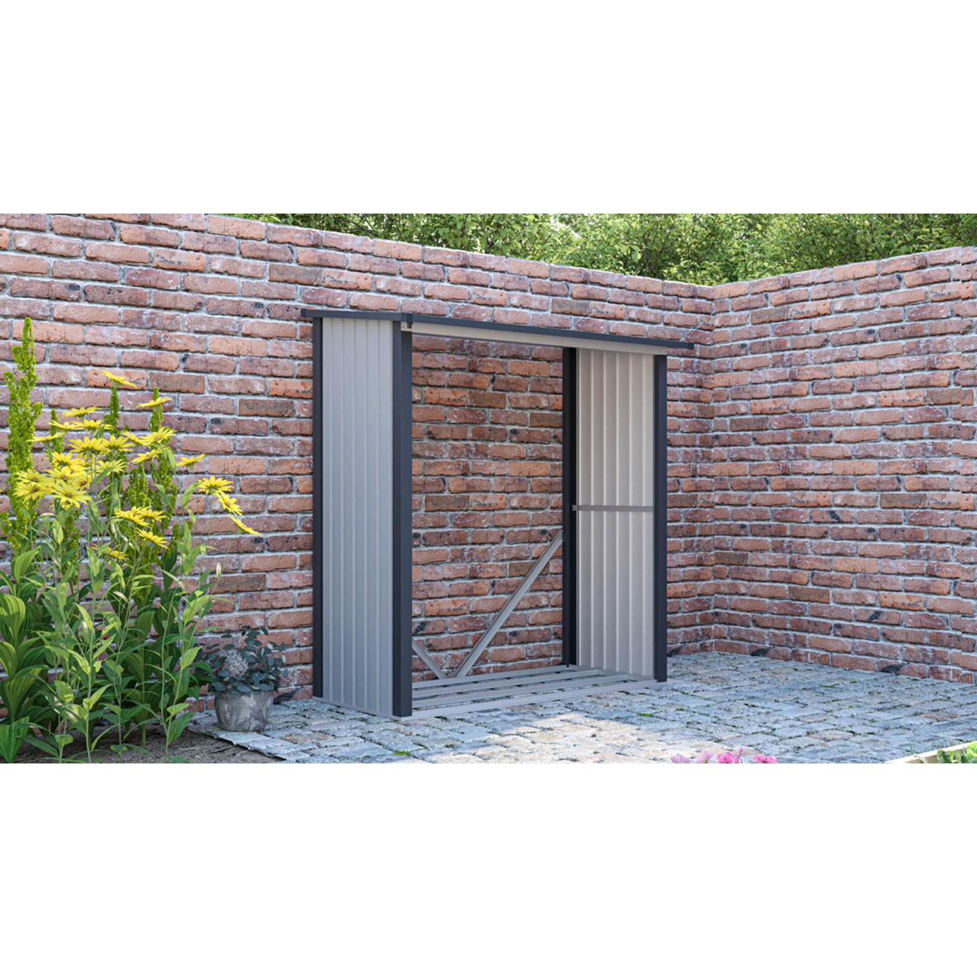 Wiosenna aranżacja jasno-szarej drewutni DENVER w ogrodzie