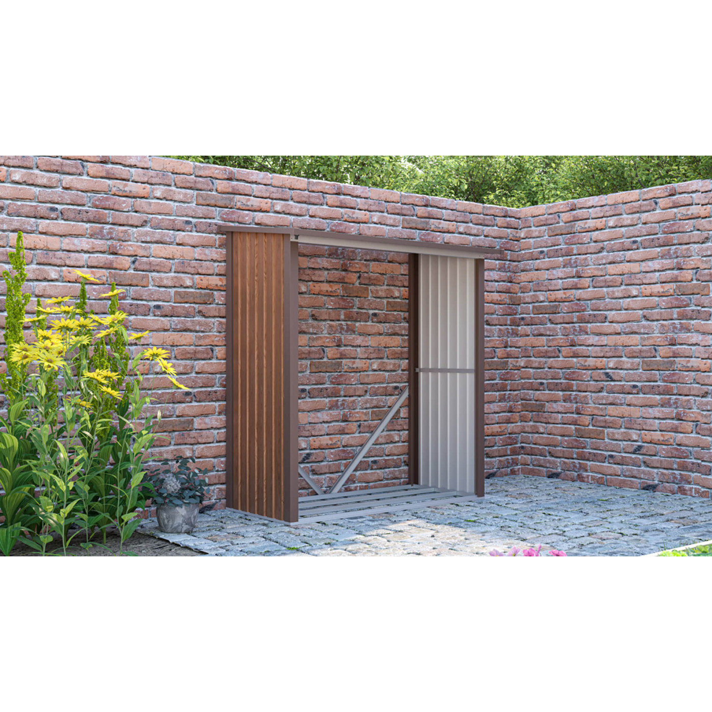 Wiosenna aranżacja brązowej drewutni DENVER w ogrodzie