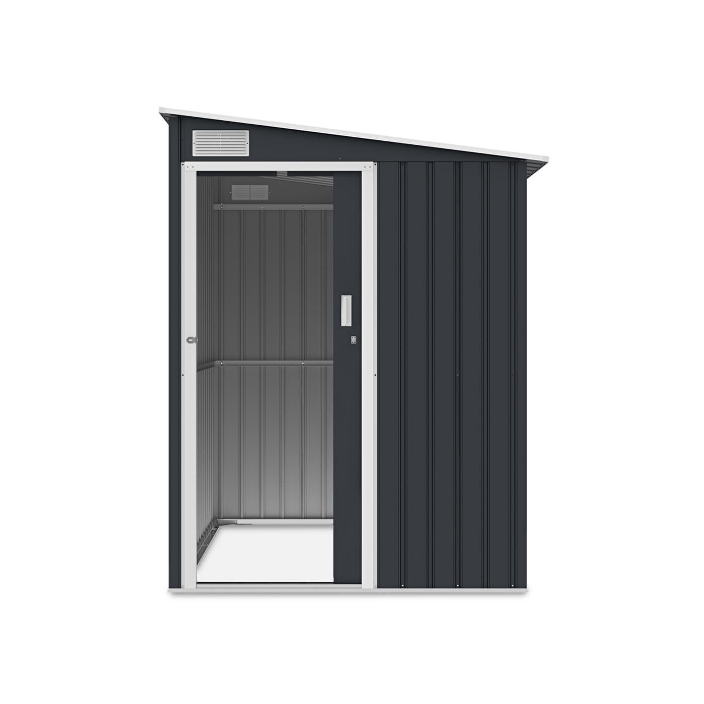 Zdjęcie ukazujące przód i wnętrze domku ogrodowego JASPER 150x194cm Hardmaister Cold Grey