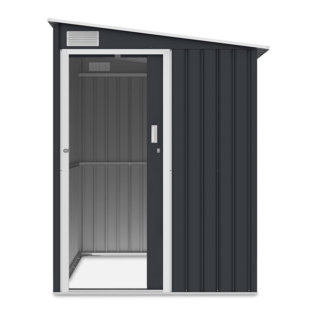 Zdjęcie ukazujące przód i wnętrze domku ogrodowego JASPER 150x194cm Hardmaister Cold Grey