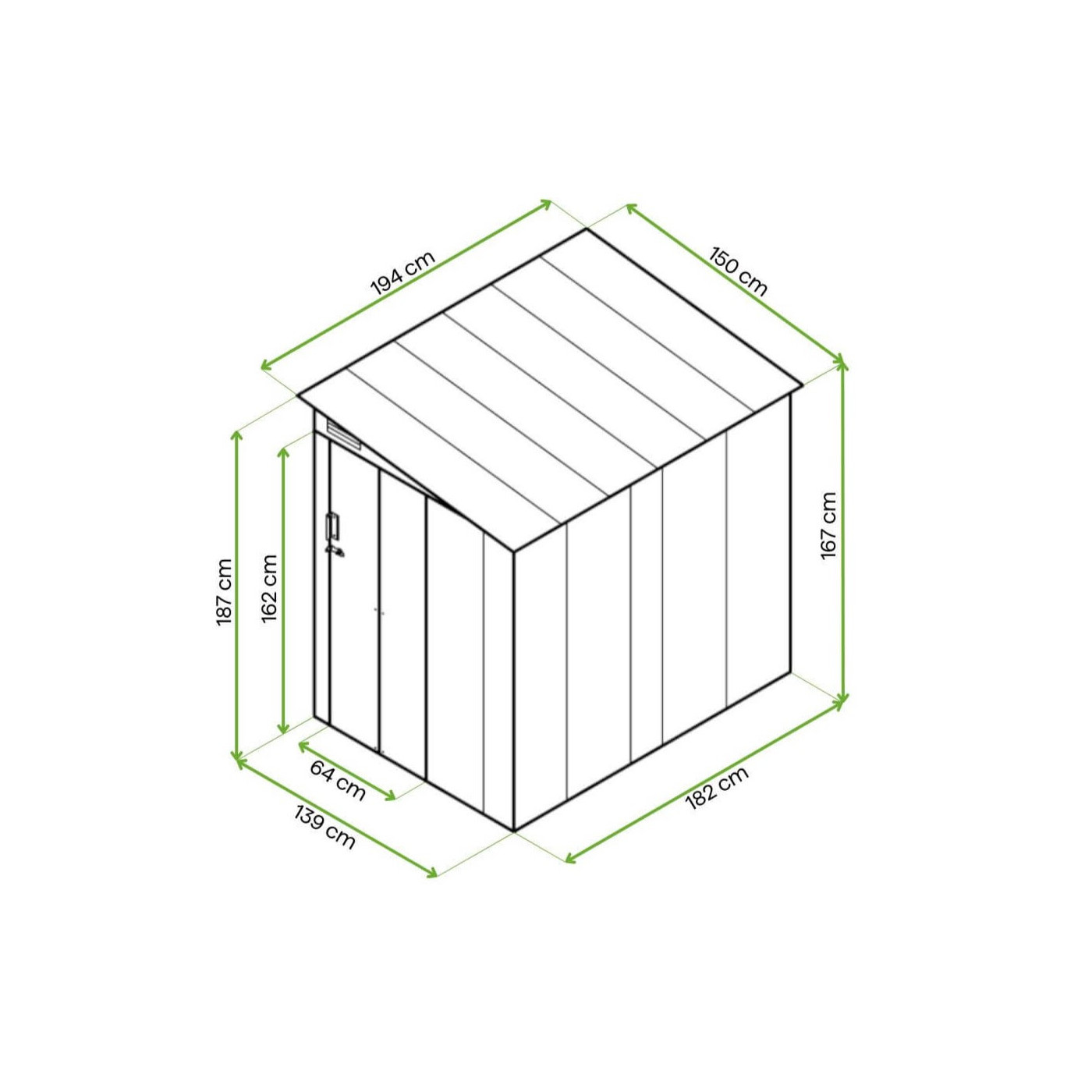 Rycina z wymiarami domku narzędziowego JASPER 150x194cm 