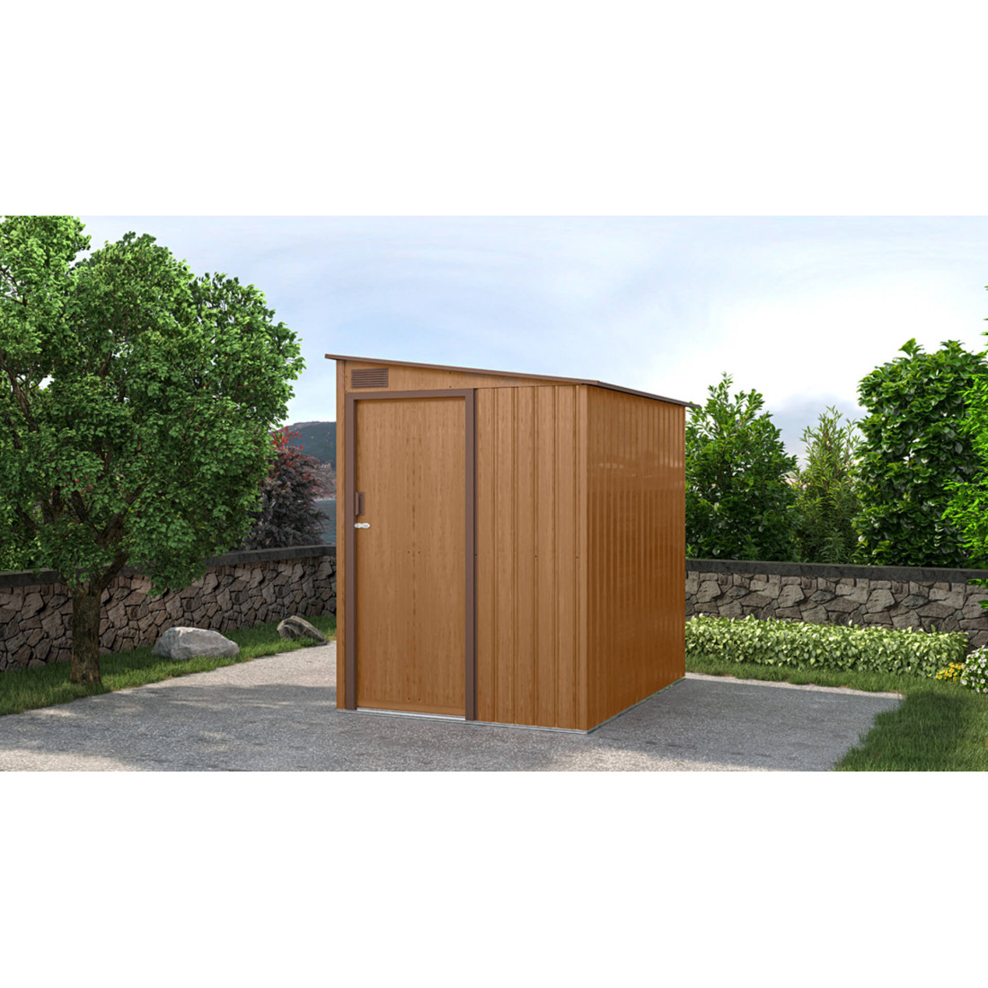 Aranżacja w ogrodzie szopy ogrodowej JASPER 150x194cm w kolorze brązowego dębu