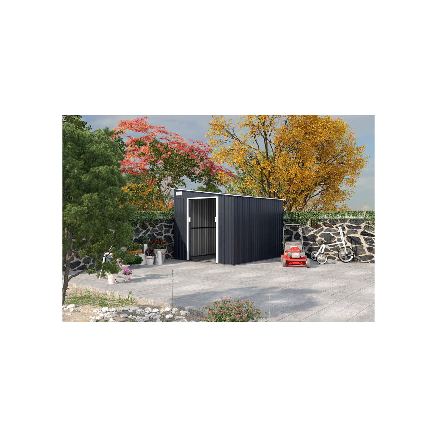 Aranżacja w ogrodzie domku na narzędzia Montreal 277x323cm Cold Grey, przy płocie z kamienia, obok kosiarki 