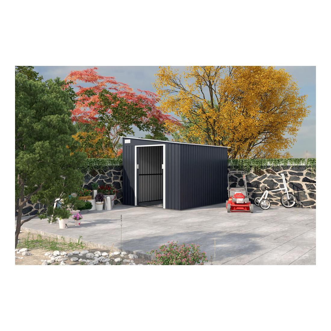 Aranżacja w ogrodzie domku na narzędzia Montreal 277x323cm Cold Grey, przy płocie z kamienia, obok kosiarki 