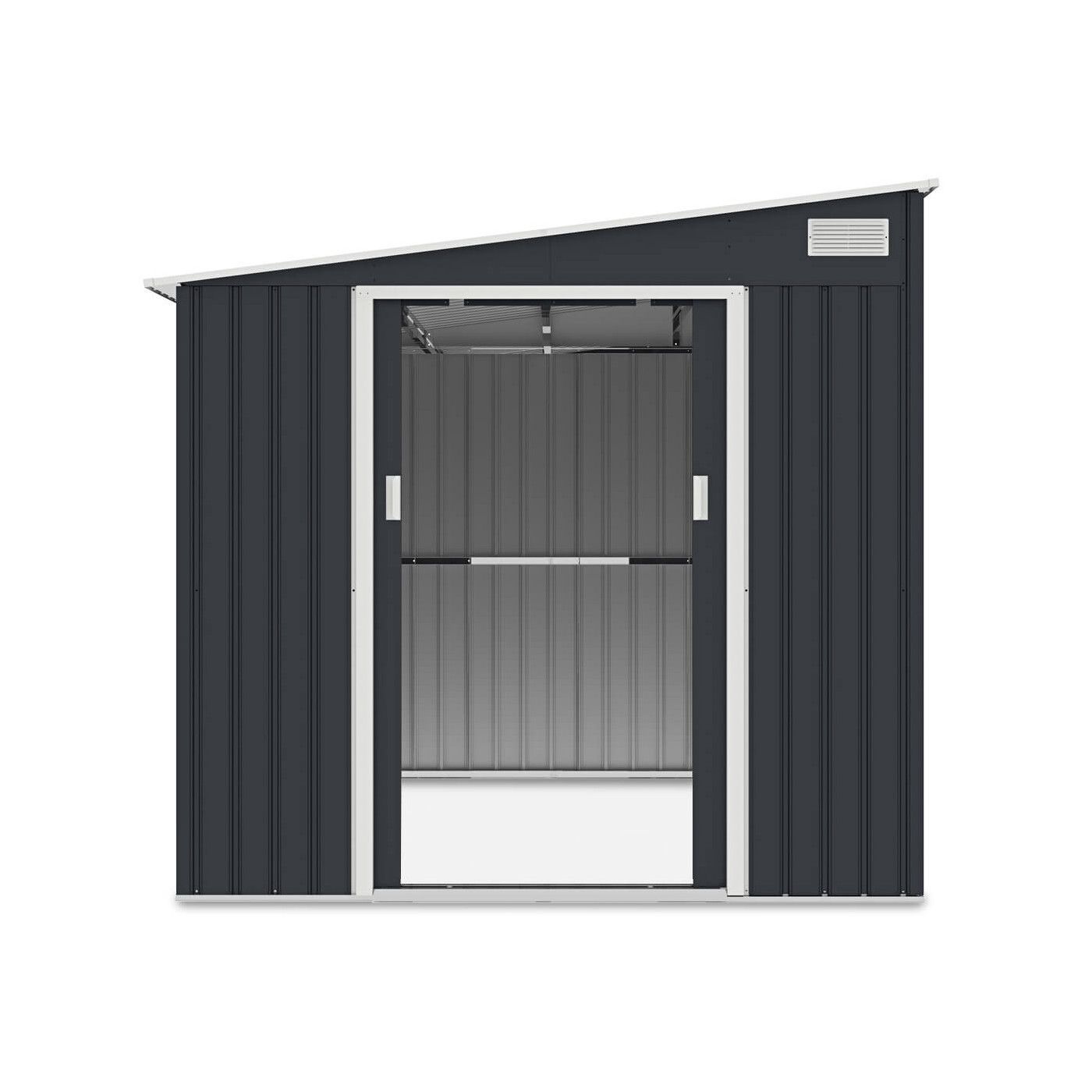 Widok na przednią ścianę domku na narzędzia, otwarte drzwi - JASPER 214x257cm Cold Grey