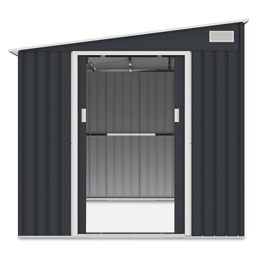 Widok na przednią ścianę domku na narzędzia, otwarte drzwi - JASPER 214x257cm Cold Grey