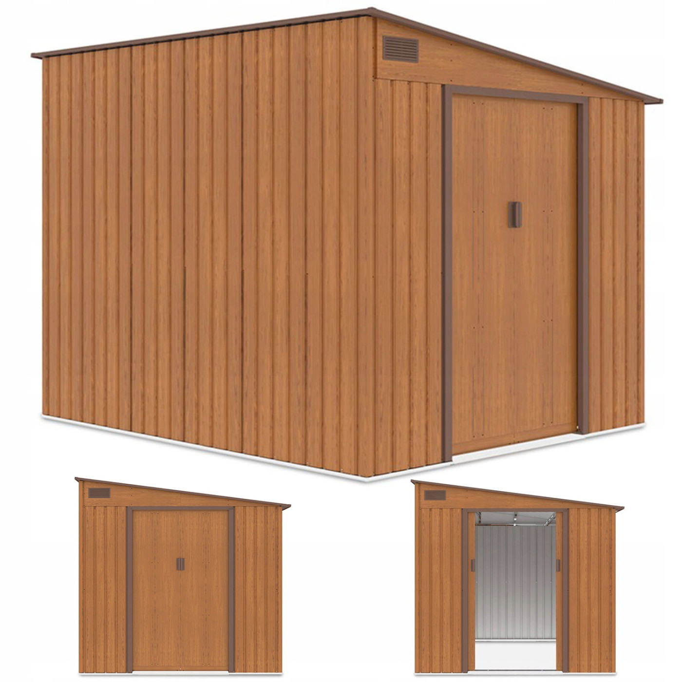 Domek ogrodowy JASPER 214x257cm Oak Brown, rzuty z różnych stron 