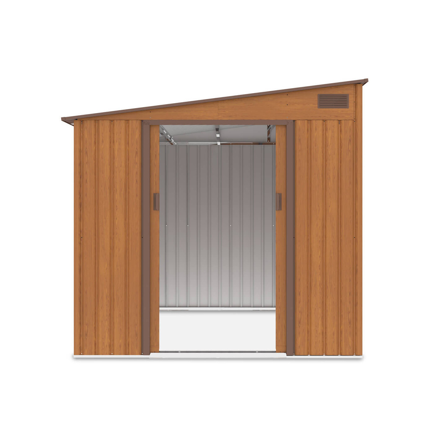 Widok na przednią ścianę domku na narzędzia, otwarte drzwi - JASPER 214x257cm Oak Brown