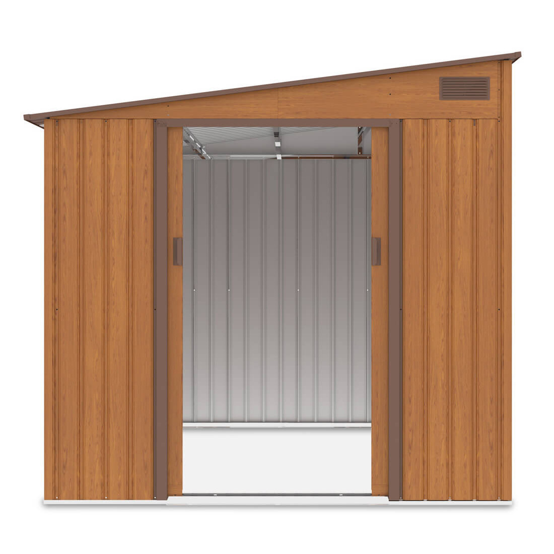Widok na przednią ścianę domku na narzędzia, otwarte drzwi - JASPER 214x257cm Oak Brown
