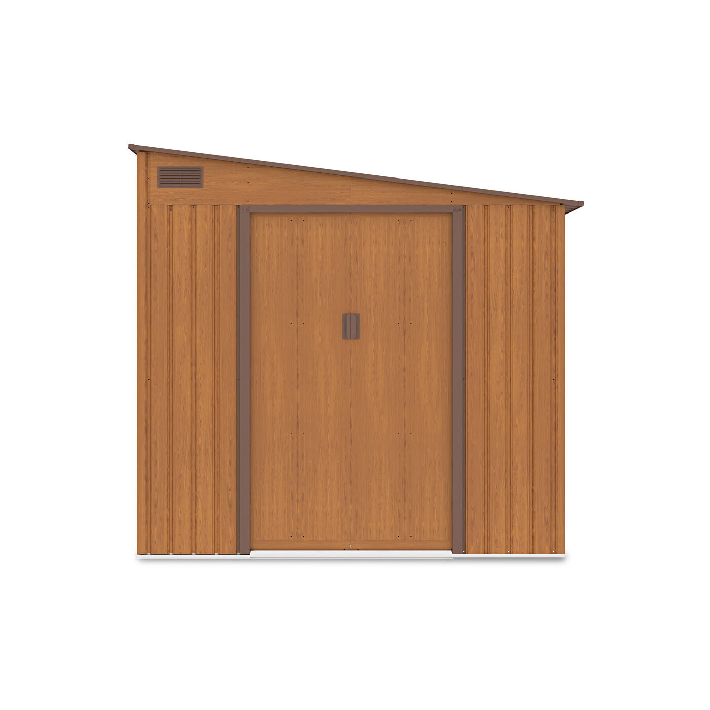 Widok na przód szopy ogrodowej JASPER Oak Brown z dachem pochylonym na prawą stronę