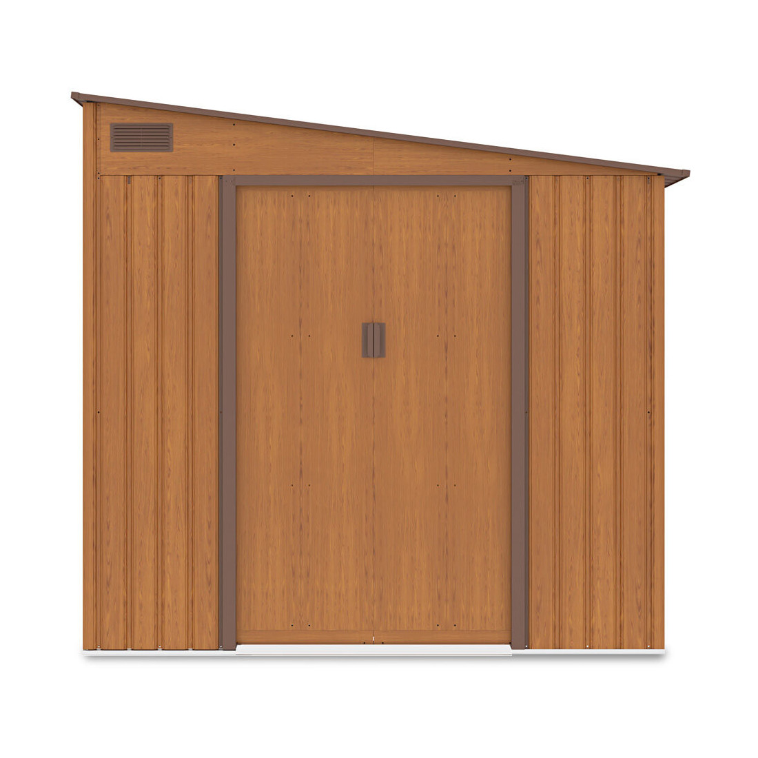 Widok na przód szopy ogrodowej JASPER Oak Brown z dachem pochylonym na prawą stronę