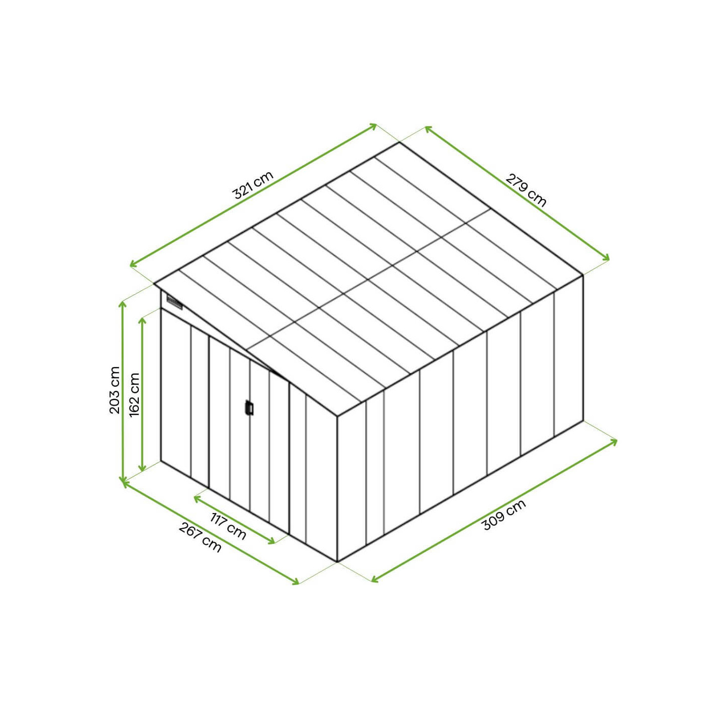 Rycina z wymiarami domku narzędziowego Jasper 279x321cm