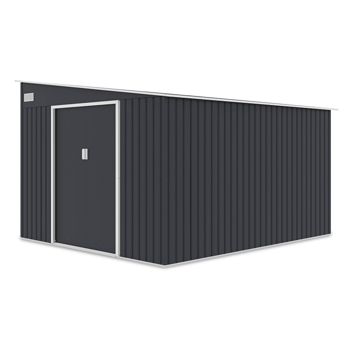 Widok na prawą ścianę i drzwi na przodzie domku ogrodowego JASPER 279x321cm Cold Grey