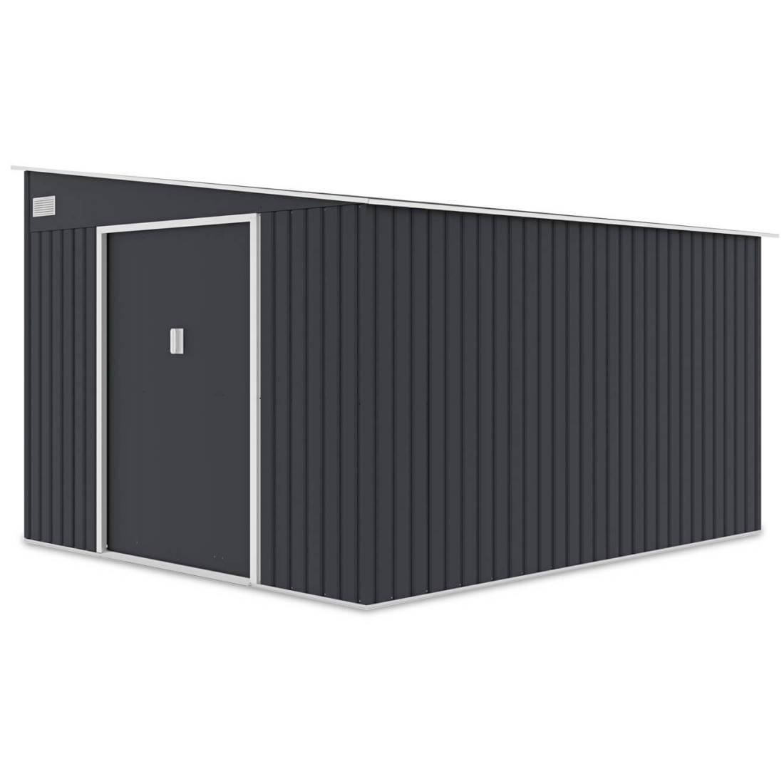 Widok na prawą ścianę i drzwi na przodzie domku ogrodowego JASPER 279x321cm Cold Grey
